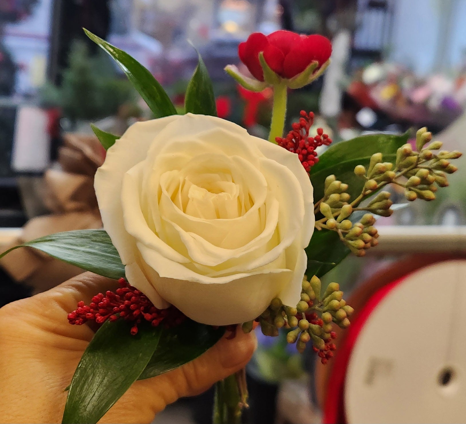 White Rose Red Accent Boutonniere