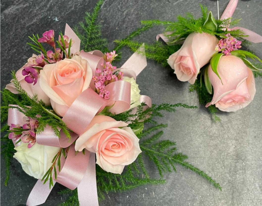 Pink Paradise Wrist Corsage and Boutonniere Combo
